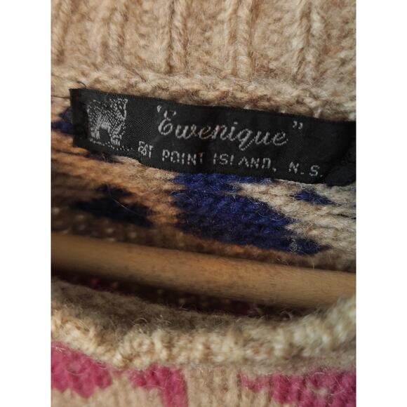 Vintage Ewenique Wool Tan Fish Print Crew Neck Thick Chunky Pullover Sweater - Picture 4 of 10